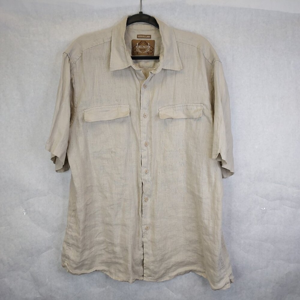 BRUNO Button Up Shirt Men XL Washable Linen Oatmeal Short Sleeve Resort Vacation